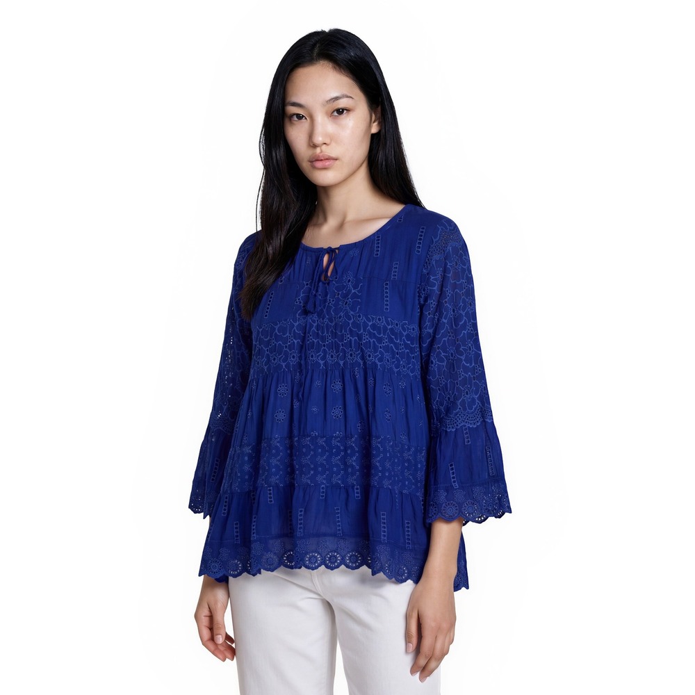 Johnny Was Top Blouse Women's Size Medium Blue Eyelet Embroidered Bell Sleeve
